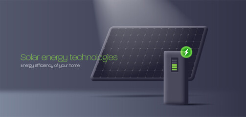 3d solar power station with panel and energy collector, 3d illustration, render black colors