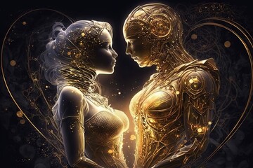 Poster -  a couple of women standing next to each other in front of a heart shaped frame with gold and black swirls on it and a black background.  generative ai