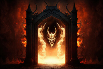 Wall Mural - The entrance to hell is also known as the underworld. the entrance to the realm of Lucifer the devil. Hellfire has set everything on fire. Generative AI