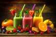 smoothies and juices made from a variety of fresh fruits from the tropics. Clean eating, a healthy diet, and vitamin infused beverages are concepts. Generative AI