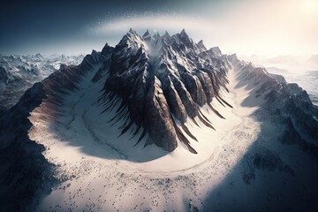 Wall Mural -  a very large mountain covered in lots of snow in the middle of the night with a bright light shining on it's top of the mountain.  generative ai