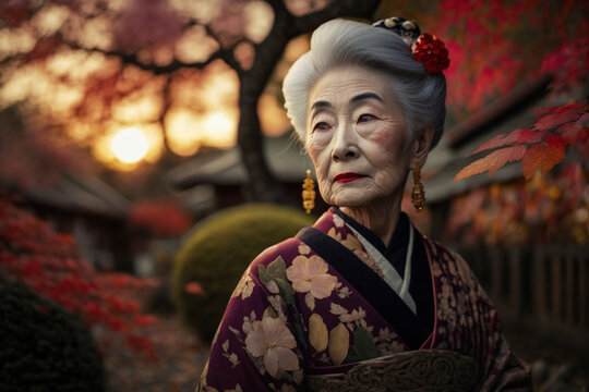 an old japanese woman dressed in the traditional geisha style wearing a kimono with a floral pattern