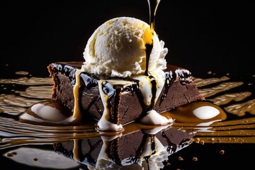 Wall Mural -  a piece of cake with ice cream on top of it and drizzled with caramel on the top of the cake and on a black background.  generative ai
