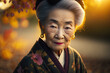 An old japanese woman dressed in the traditional geisha style wearing a kimono with a floral pattern. generative ai. Geisha