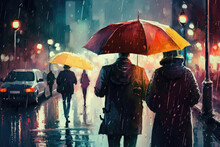  Illustration Painting Of The Man With Glowing Umbrella Walking In City Alley In Rainy Day With Digital Art Style. (ai Generated)