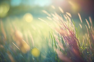 Sticker -  a close up of some grass with the sun shining in the backround behind it and a blurry photo of the grass in the foreground.  generative ai