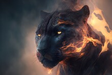  A Close Up Of A Black Tiger With Yellow Eyes And A Black Body With Orange And Yellow Flames On Its Face, With A Dark Background Of Smoke And Fog.  Generative Ai