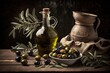  a bottle of olive oil next to a bowl of olives and a jug of olive oil on a wooden table with a sprig of olives.  generative ai
