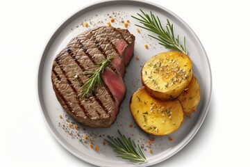 Poster -  a steak and potatoes on a plate with a sprig of rosemary on top of it, on a white plate with a white background.  generative ai