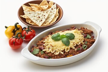 Poster -  a bowl of chili with tortilla chips and a bowl of tortilla chips on a white surface with a tomato and basil.  generative ai