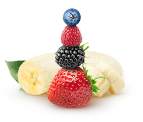 Poster - Bunch of fruits. Fruits for smoothie. Banana, strawberry, blueberry, raspberry fruits on top of each other isolated on white background with clipping path