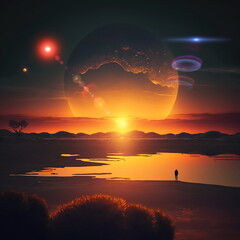 Wall Mural - earth and moon on sunset , night alien planet space starry sky flares cosmic fantastic background ge