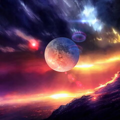 Wall Mural - earth and moon on sunset , night alien planet space starry sky flares cosmic fantastic background ge