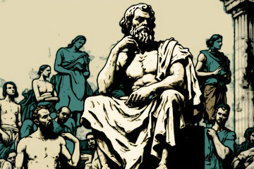 the philosopher Socrates preaching his philosophy in the streets of Athens. The scene captures Socrates' intellectual and charismatic presence,. Generative AI.