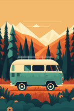 Camping Van In The Mountains. Vector Illustration In Flat Style.