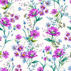 Wall Mural - Garden Watercolour Floral Seamless Pattern, Hand painted Watercolour, Wildflowers, Twigs, Leaves, Buds. Design for fashion , fabric, textile, wallpaper, cover, web , wrapping and all prints 