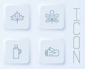 Set line Canadian maple leaf, Chestnut, Thermos container and Wooden log. White square button. Vector