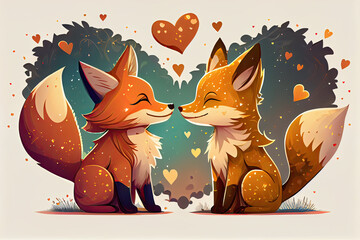 Wall Mural - Illustrating Draw character design of fox couple in love with little heart for Valentine's day. Valentine's loving animals with hearts, Cartoon style. Generative AI.