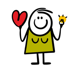 Wall Mural - Happy cartoon stick figure woman holds heart and ring in hands.