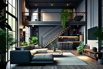 Wall Mural - Loft interior in a contemporary dark residence, Created with generative Ai Technology