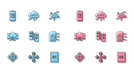 Sticker - Set line Processor, Drone, Mobile and graphic password protection, Tablet with text 5k, Gamepad, Sim card, Computer monitor screen and Internet of things icon. Vector