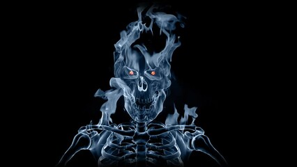 Wall Mural - Smoke skull with glowing fire eyes isolated on black background