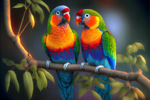Two Parrots On A Branch, Love Birds Parrots On A Tree Branch, Love Valentine's Day Illustration. Generative Ai