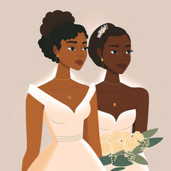 Wall Mural - Black gay lesbians getting married, bride and bride, illustration of wedding ceremony, black newly weds in wedding ceremony wearing traditional dress, in love. 