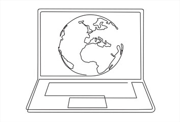 Wall Mural - world with connected computer. one continuous line laptop with worldwide internet, globe access comp
