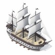 Illustration of a PIrate Sailing Ship in an Isometric 3D Style, Isolated on White Background, Created with the aid of Generative AI
