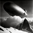 Historic photography of zeppelin passing over the mountains, generative ai