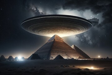 Flying saucer flying over pyramids of the, alien ship in the desert, digital illustration, AI

