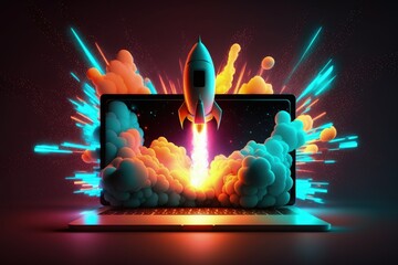 Wall Mural - rocket flying from laptop screen on background with neon effect, startup concept, generative ai