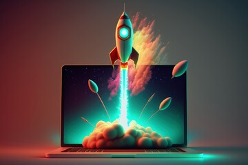 Wall Mural - Rocket flying from laptop screen on background with neon effect, startup concept, Generative AI	