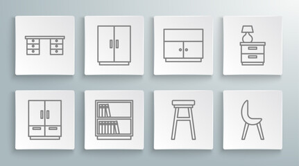 Sticker - Set line Wardrobe, Library bookshelf, Chair, Armchair, Furniture nightstand with lamp and Office desk icon. Vector