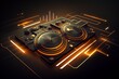 Nightclub DJ mixer and electronic techno turntable. Disk jockey equipment, colored lights around, abstract background. Generative AI.