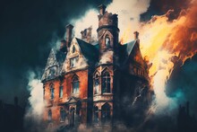 Victorian house set on fire with lot of smoke. Digital illustration. Generative AI.
