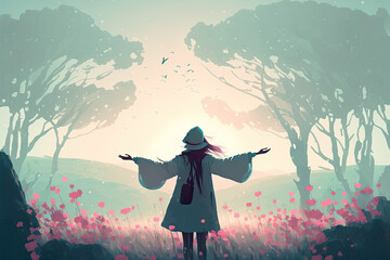 a young woman in a field with pink flowers in fog. Generative AI