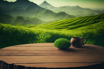 Wooden table top on blur green tea mountain and grass field.Fresh and Relax concept.For montage product display or design key visual layout.View of copy space. Generative AI