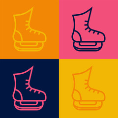 Wall Mural - Pop art line Skates icon isolated on color background. Ice skate shoes icon. Sport boots with blades. Vector