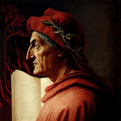 Dante Alighieri Italian poet portrait on a dark red background as recollection of his Divine Comedy Inferno.Content made with generative AI not based on real person.