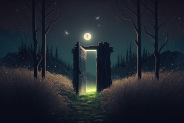 An illuminated open door in the middle of the night in a meadow. Generative AI