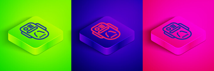 Poster - Isometric line Artificial intelligence robot icon isolated on green, blue and pink background. Machine learning, cloud computing. Square button. Vector