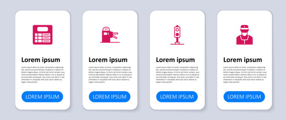 Sticker - Set Train conductor, traffic light, Turnstile and station board. Business infographic template. Vector