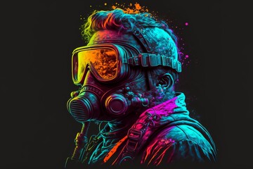 Colourful Portrait of Abstract Soldier with Gas Mask in Bright Neon Colours. This Fighter Jet Pilot Para Trooper Marine is fighting for our protection safety and freedom. Ai generative illustration