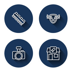 Poster - Set line Hunting cartridge belt, Deer antlers on shield, Photo camera and shop with long shadow. Blue circle button. Vector