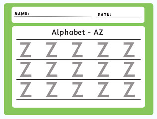 Alphabet tracing worksheet. A-Z writing pages. Letter Z uppercase tracing. Handwriting exercise for kids. Printable worksheet.
