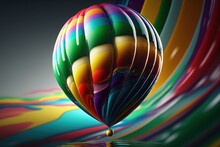  A Multicolored Hot Air Balloon Floating Over A Body Of Water With A Reflection Of The Balloon In The Water Below It And A Dark Background.  Generative Ai