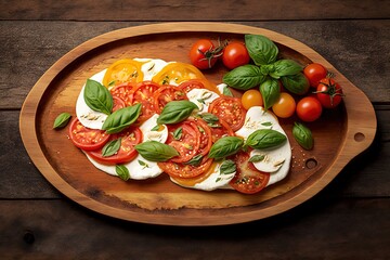 Poster -  a wooden platter with tomatoes, mozzarella, and basil on top of a wooden table with a knife and a fork next to it.  generative ai