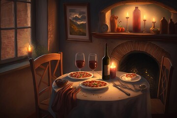 Sticker -  a painting of two pizzas on a table with a bottle of wine and a lit candle in front of a fire place with candles.  generative ai